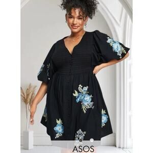 ASOS Curvy Black Cotton Blue Floral Poplin Embroidery Boho Mini Dress Plus 2X 16